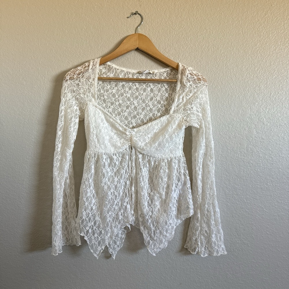 Kimchi Blue White Lace Sheer Long Sleeve Babydoll Top Y2K Romantic Boho Size S - Picture 11 of 11